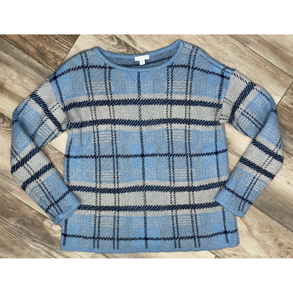 J. Jill Size Small Tartan Plaid‎ Jacquard Sweater Blue Long Sleeve Crew Neck